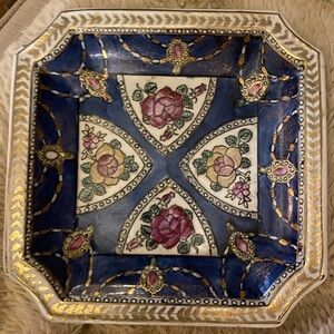 Plate / Dish / Tray Blue Glass Made In China; Hand-painted Floral Trinket Dish